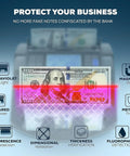 Image showing money counter with UV/IR detection features and external LCD display, highlighting security aspects for counterfeit detection.