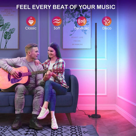 Couple enjoying music with Smart RGB Corner Floor Lamp With WiFi App Control Alexa and Google Assistant 63 inch LED light