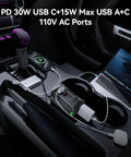 400W Car Power Inverter DC To AC Converter With PD Charging Ports and Dual US Outlets in car console with laptop and phone.