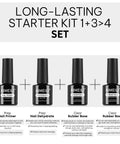 All In One Gel Nail Kit With Builder Gel Rubber Base Nail Dehydrator And Primer For Stronger Natural Nails Hema Free Cruelty Free Vegan UV LED Compatible At Home Mani Kit Salon Quality Four Piece Set displayed with bottles of nail primer, dehydrator, builder base, and rubber base.