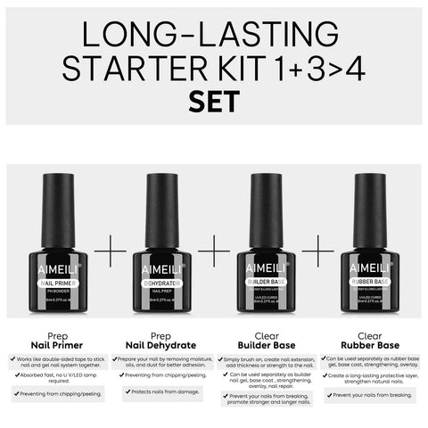 All In One Gel Nail Kit With Builder Gel Rubber Base Nail Dehydrator And Primer For Stronger Natural Nails Hema Free Cruelty Free Vegan UV LED Compatible At Home Mani Kit Salon Quality Four Piece Set displayed with bottles of nail primer, dehydrator, builder base, and rubber base.