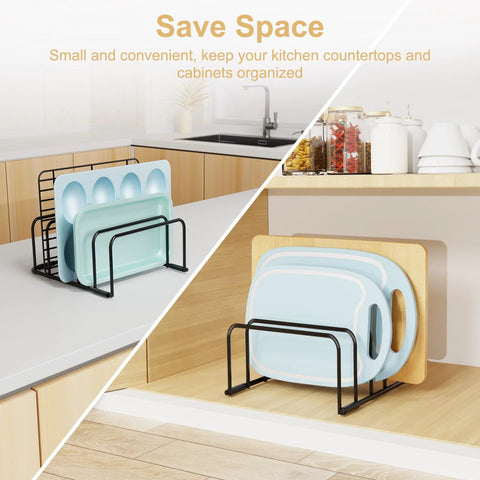Front and side view of a black metal cutting-board organizer and baking-sheet rack holding cutting boards and plates.