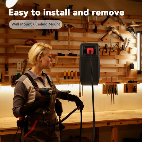 Person installing Auto Retracting 50 Foot Heavy Duty Cord Reel For Garage And Workshop, 14AWG 3C SJTOW Power Cord with tools.