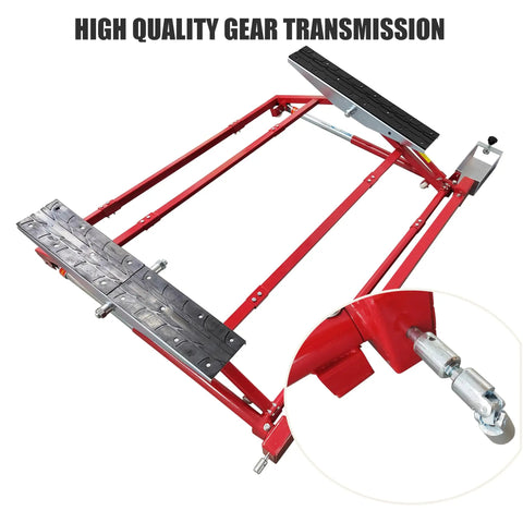 Portable Car Lifter Featuring Dual Workbench Auto Scissor Lift With Three Adjustable Widths And Hella Strong 3306 Pound Load Capacity Built Like A Tank For Every Real Deal Auto Garage Setup gear transmission detail with adjustable components.