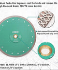 Diamond Porcelain Tile Saw Blade 10 Inch 250mm Dry Or Wet Cutting Disc With X Teeth Turbo Mesh Rim For Ceramic Tile Porcelain Granite Marble Heavy Duty Performance displayed with dimensional details and close-up of X mesh rim