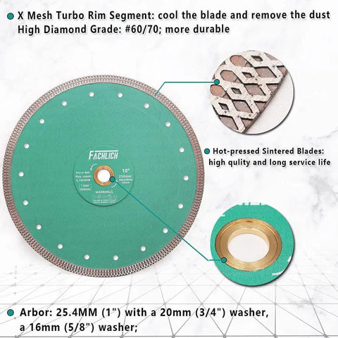 Diamond Porcelain Tile Saw Blade 10 Inch 250mm Dry Or Wet Cutting Disc With X Teeth Turbo Mesh Rim For Ceramic Tile Porcelain Granite Marble Heavy Duty Performance displayed with dimensional details and close-up of X mesh rim