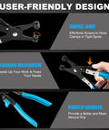 9-piece automotive hose clamp pliers set with long-reach swivel jaws, locking mechanism, and blue nonslip handles.
