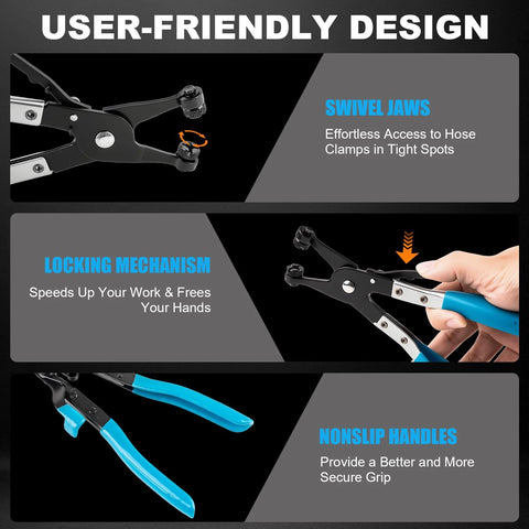 9-piece automotive hose clamp pliers set with long-reach swivel jaws, locking mechanism, and blue nonslip handles.