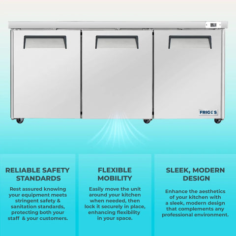 72 Inch 3 Door Undercounter Commercial Refrigerator Packing 16 6 Cubic Feet Of Cooling Space Built Hard As Nails For Busy Shops Seeking No Hassle Flatbed Liftgate Delivery Setup in stainless steel finish.