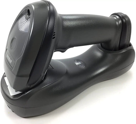 LI4278 Wireless Bluetooth Barcode Scanner With Docking Cradle And USB Cables For Retail And Warehouse Use Fast Scanning Long Battery Life Patent Pending Single Board Design For All Day Everyday Reliability shown in charging cradle.