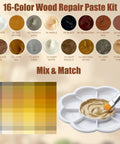 Palette showing 16-color wood repair paste from the All In One Wood Filler Repair Kit With 26 Colors Including 16 Fillers And 10 Markers.