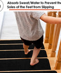Child walking on hardwood steps with Non Slip Stair Treads For Wood Steps Peel And Stick 8x30 Inch Runner Rug Black 15 Pack.