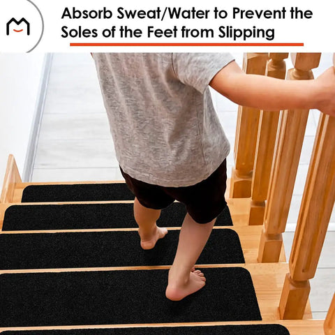 Child walking on hardwood steps with Non Slip Stair Treads For Wood Steps Peel And Stick 8x30 Inch Runner Rug Black 15 Pack.