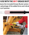Shop Size Pneumatic Piston Accessory That Powers Through Stubborn Grease Fittings And Bearings Use With Your Pneumatic Hammer To Blow Out Clogs With High Pressure Air Black in use on machinery.