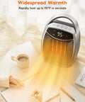 Portable 1500W Space Heater For Desk And Room With 4 Modes And Timer, warming a person writing at a table with a drink.