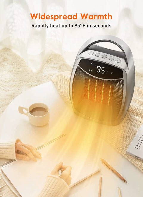 Portable 1500W Space Heater For Desk And Room With 4 Modes And Timer, warming a person writing at a table with a drink.