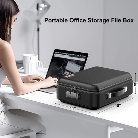 Woman using laptop beside Hard Shell Fireproof Document Safe Box With Lock Waterproof Fire Resistant Storage 15x11x5 inches