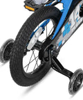 Rear view of 14 Inch BMX Style Kids Bike Pluto With Training Wheels For Boys And Girls, black tire and training wheels, blue frame