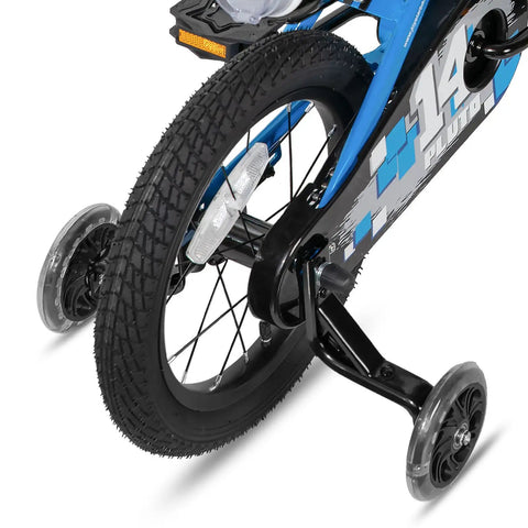 Rear view of 14 Inch BMX Style Kids Bike Pluto With Training Wheels For Boys And Girls, black tire and training wheels, blue frame