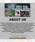 About Us page for HolsterSmith, veteran-owned holster and sheath maker, showcasing team photo and mission statement.