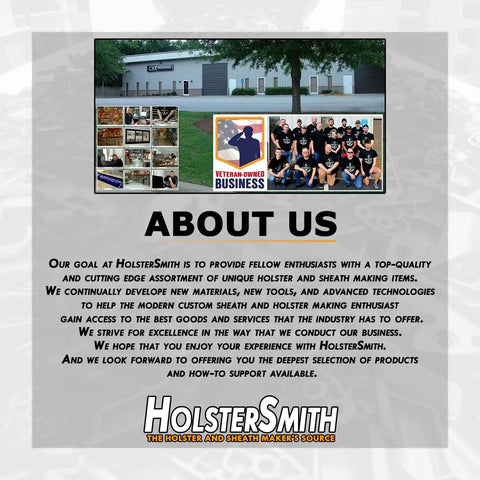 About Us page for HolsterSmith, veteran-owned holster and sheath maker, showcasing team photo and mission statement.