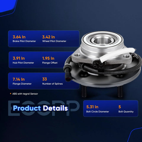 Wheel Hub And Bearing Assembly Front 515029 For Ford F150 2000 To 2004 5 Lugs 4x4 ABS 3 Bolt Flange Direct Fit OE Quality