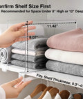 8 Pack Acrylic Shelf Dividers For Purses And Handbags Closet Organizer Bag Storage For Handbags Clutches Clothes Towels On Wood Shelves Space Saving And Easy Access, installed on shelf with folded clothes.
