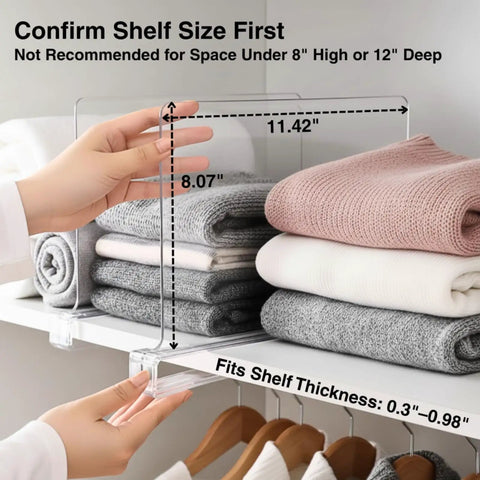 8 Pack Acrylic Shelf Dividers For Purses And Handbags Closet Organizer Bag Storage For Handbags Clutches Clothes Towels On Wood Shelves Space Saving And Easy Access, installed on shelf with folded clothes.