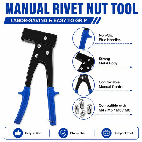 Heavy Duty Fifty One Piece Flower Nuts Screws Kit With Metric M4 M5 M6 M8 Expansion Rivets And Quick Mount Tap Wrench, manual rivet nut tool with blue handles.