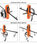 Radius Must Have Fishing Line Spooler With Patent Pending Design For Spinning And Casting Reels Twist Free Line Spooling On The Go Portable Compact Spool Holder One Quarter Pound Capacity Soft Touch Clamps Protect Rod Blanks Adjustable Tension Bands. Casting reel setup with orange ABS line spooler on fishing rod