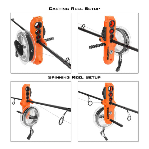 Radius Must Have Fishing Line Spooler With Patent Pending Design For Spinning And Casting Reels Twist Free Line Spooling On The Go Portable Compact Spool Holder One Quarter Pound Capacity Soft Touch Clamps Protect Rod Blanks Adjustable Tension Bands. Casting reel setup with orange ABS line spooler on fishing rod