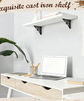 Straight Up Heavy Duty Cast Iron Shelf Brackets Sweet Antique Black Metal Braces Decorative Wall Mounted Brackets With Fastening Hardware Solid Home Decor Accents Built For Life displayed on a white shelf with a modern desk.