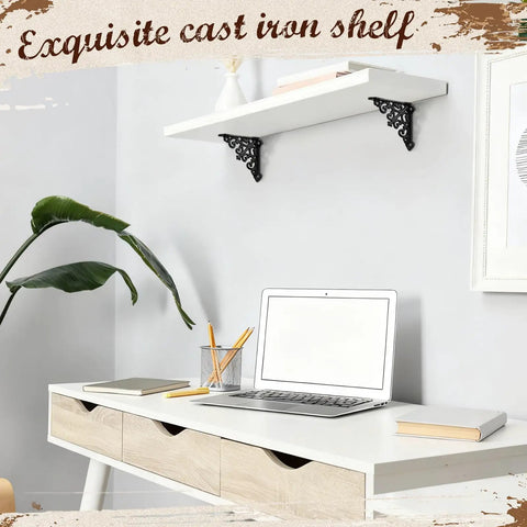Straight Up Heavy Duty Cast Iron Shelf Brackets Sweet Antique Black Metal Braces Decorative Wall Mounted Brackets With Fastening Hardware Solid Home Decor Accents Built For Life displayed on a white shelf with a modern desk.