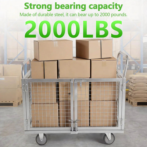 Heavy Duty Platform Truck With Secure Wire Cage Haul Cart and Smooth Roll Swivel Wheels For Rough Job Sites Up To Two Thousand Pound Limit showing loaded cardboard boxes.
