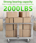 Heavy Duty 2000 Lbs Platform Truck With Secure Cage Reinforced Steel Warehouse Utility Cart loaded with cardboard boxes.