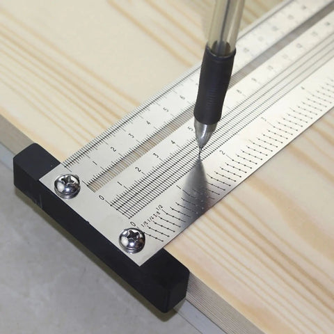 Stainless Steel Metric Marking Ruler For Woodworking High Precision Scribing Gauging Tool on wood surface with pencil marking
