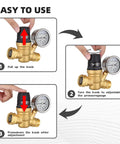 Keep Your Rig Safe With This Adjustable RV Water Pressure Regulator Featuring A Clear Dial Gauge And Easy Grip Handwheel Tweak Settings From 45 To 160 Psi For Straightforward City Water Hookups Zero Tools Required: Step-by-step use instructions with adjustment knob and gauge.