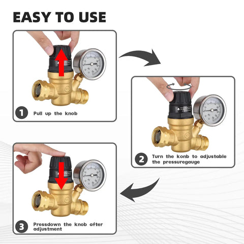Keep Your Rig Safe With This Adjustable RV Water Pressure Regulator Featuring A Clear Dial Gauge And Easy Grip Handwheel Tweak Settings From 45 To 160 Psi For Straightforward City Water Hookups Zero Tools Required: Step-by-step use instructions with adjustment knob and gauge.