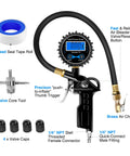 All In One Digital Tire Inflator With Gauge And Bleed Valve, 250 PSI Capacity, shown with accessories and backlit display