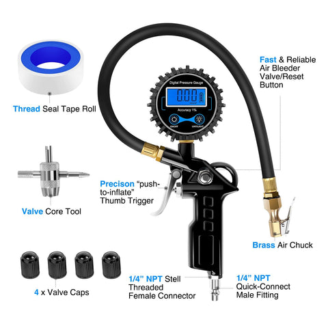 All In One Digital Tire Inflator With Gauge And Bleed Valve, 250 PSI Capacity, shown with accessories and backlit display