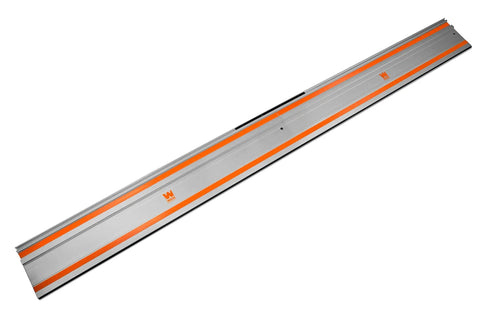 Side view of the 110 Inch Track Saw Guide Rail Kit with dual 55 inch tracks and adapter set for clean, easy rips on 8 by 4 plywood sheets.
