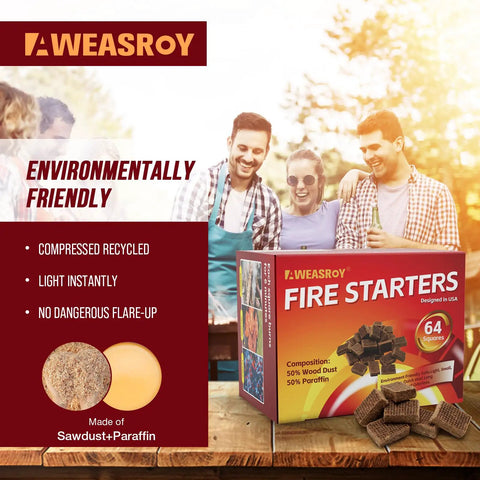 Grillin Ready Fire Starters For Fireplace And Grill, box with 64 odorless water-resistant squares for camping and BBQ.