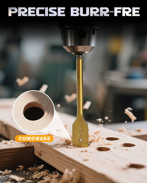 COMOWARE spade drill bit, gold titanium-coated carbon steel, 3/8–1 in range, front view drilling wood