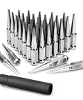 Spike Lug Nuts Set M14x1.5 Chrome 32 Piece For 60 Degree Cone Seats 19mm Hex Closed End displayed with attachment tool