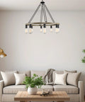 Rustic Wagon Wheel Chandelier With Eight Lights Large Farmhouse Round Kitchen Island Pendant in living room setting