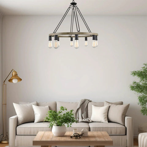 Rustic Wagon Wheel Chandelier With Eight Lights Large Farmhouse Round Kitchen Island Pendant in living room setting