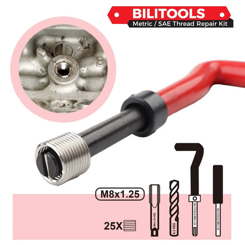 Thread Repair Kit M8x1.25 HSS Drill Helicoil Style Metric For Damaged Threads Rebuild Internal Threads With Tools Displayed