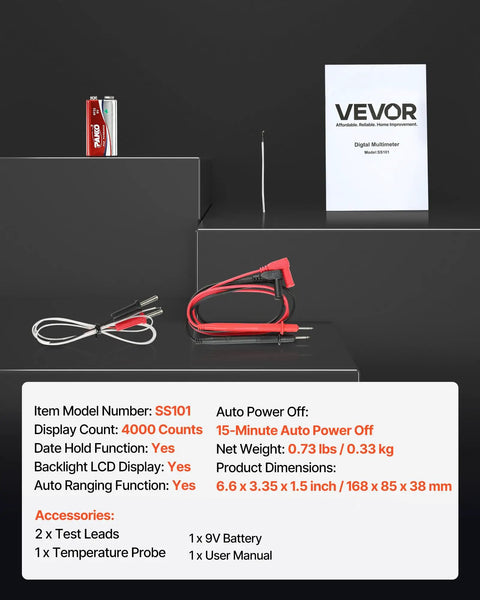 All In One Digital Multimeter With 4000 Count TRMS Readouts and accessories on display with box and user manual