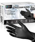 Top Tier Built Tough 6 Mil Black Nitrile Gloves 100 Pack Large box with hand wearing glove, ideal for medical and food prep use.