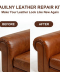 Before and after sofa using Leather Repair Kit For Furniture, Cars, Jackets, And Purses, DIY Color Match Kit To Fix Tears.